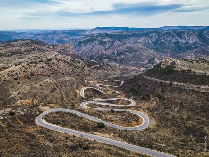 Curvy road near Pitarque (drone)