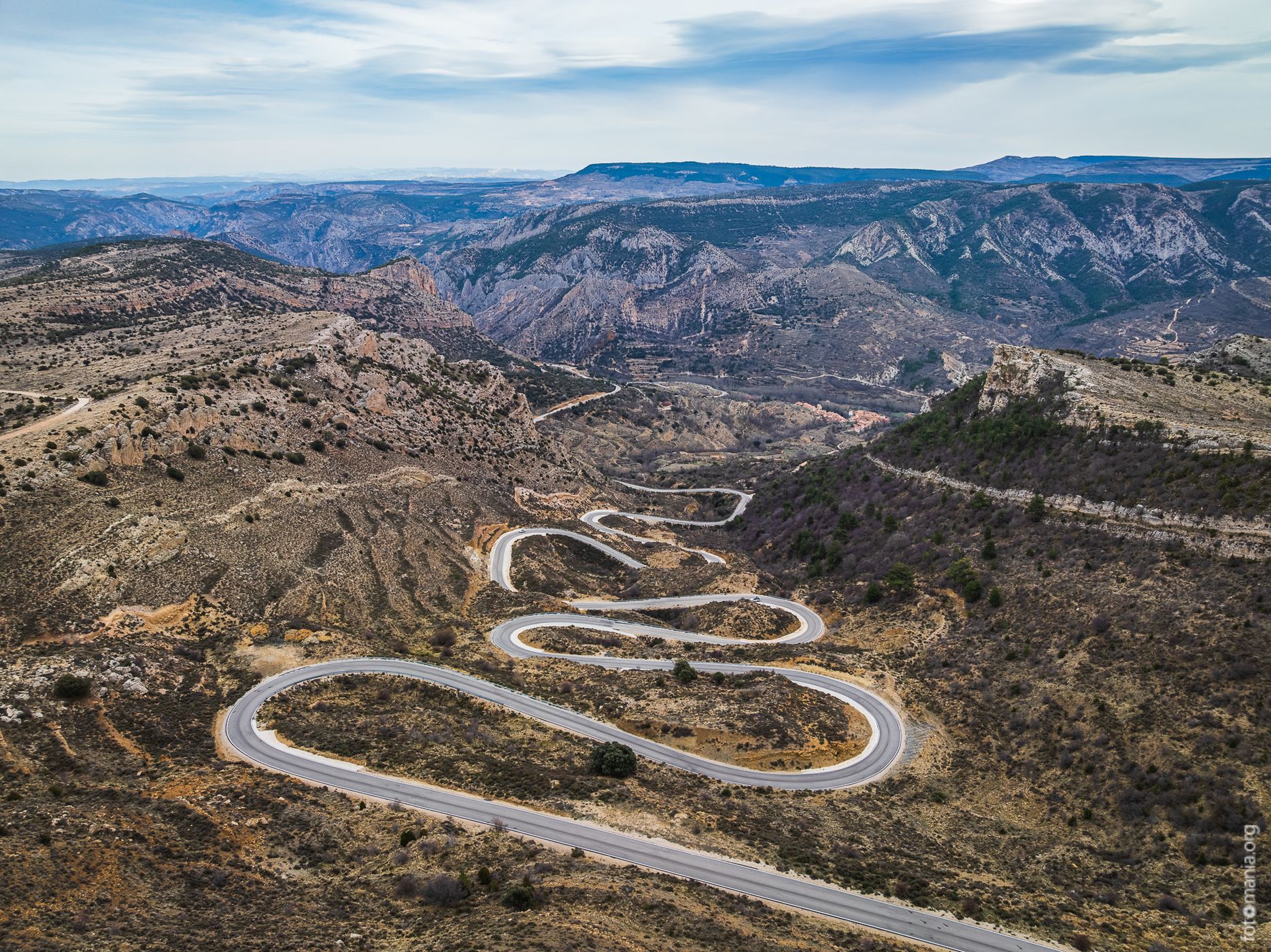 Curvy road near Pitarque (drone), Spain