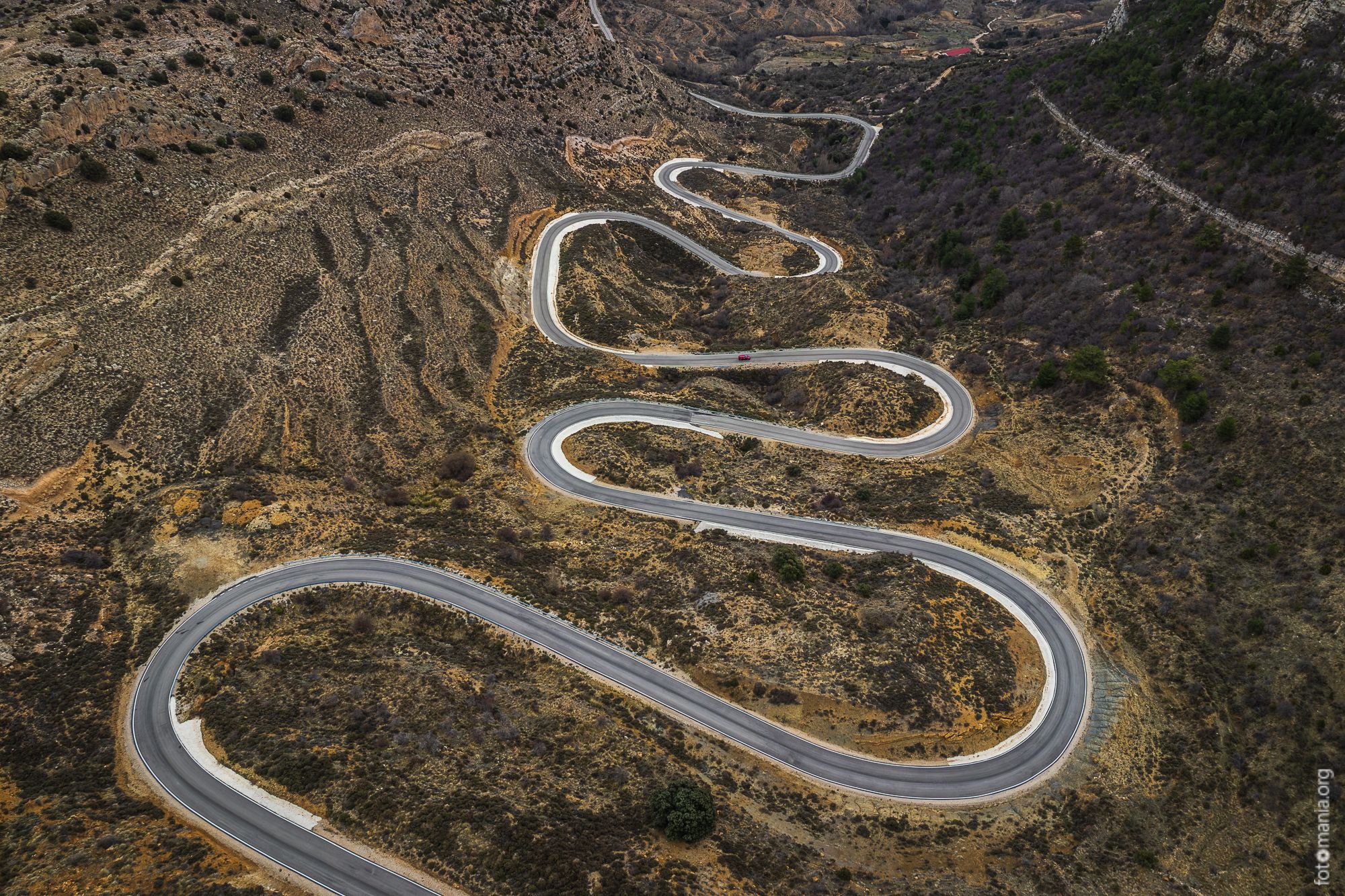 Curvy road near Pitarque (drone), Spain