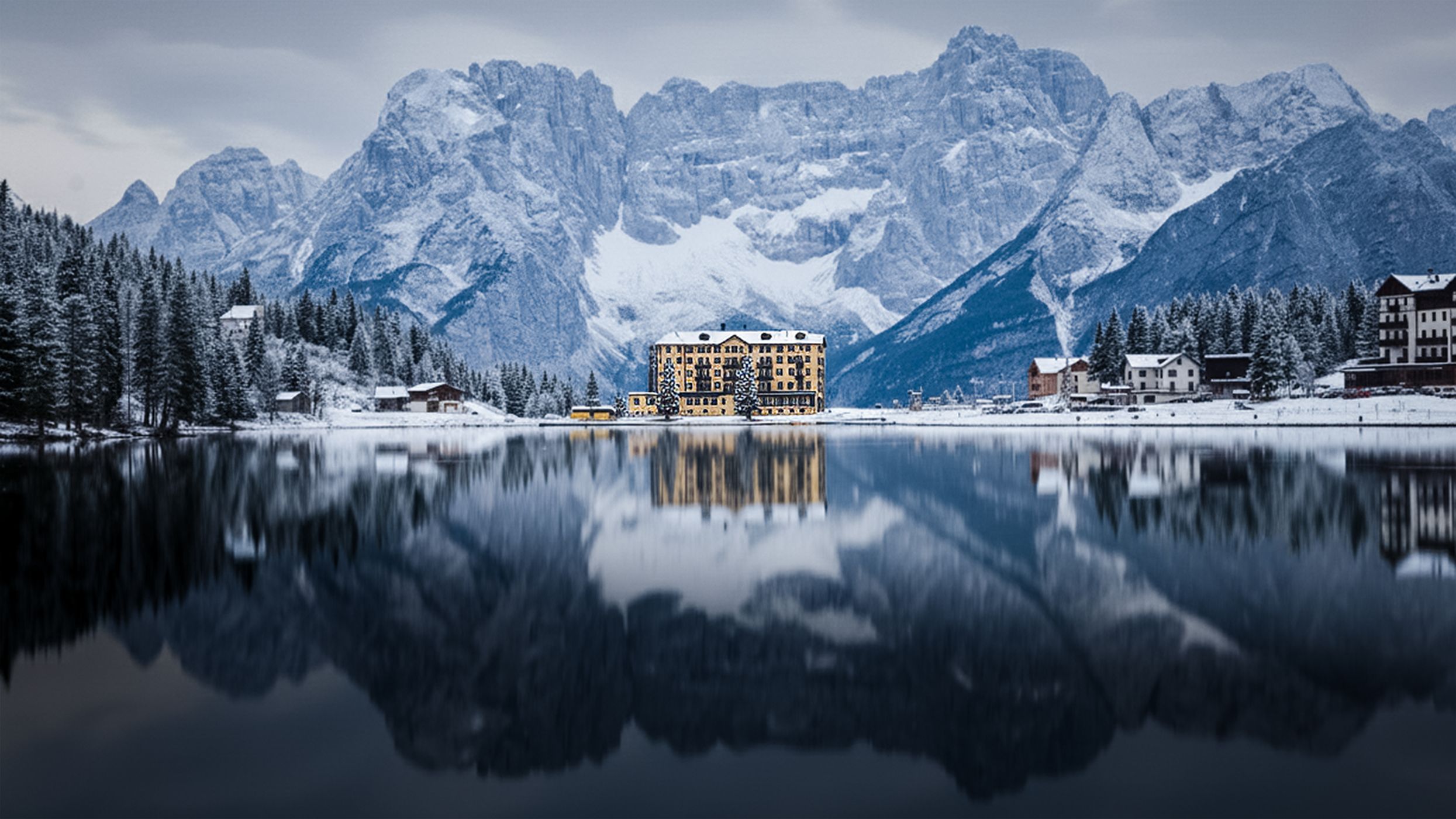 Hotel at Lake Misurina, Dolomites, Italy