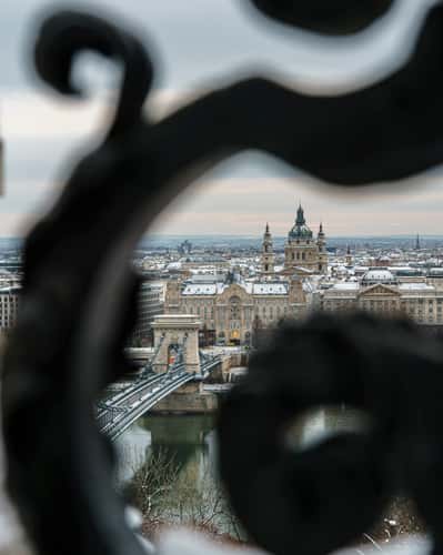 Framed Szechenyi Chain bridge in Budapest, Hungary