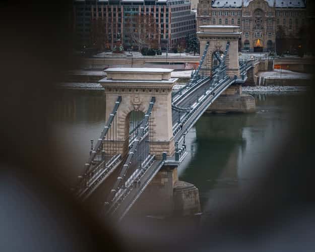 Framed Szechenyi Chain bridge in Budapest, Hungary