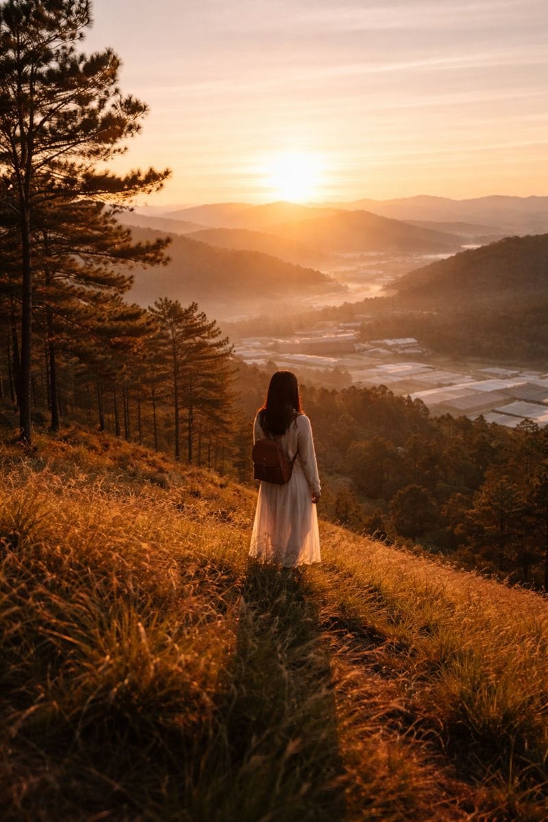 Grass Hill Overlooking the Valley – A Quiet Sunset View, Vietnam