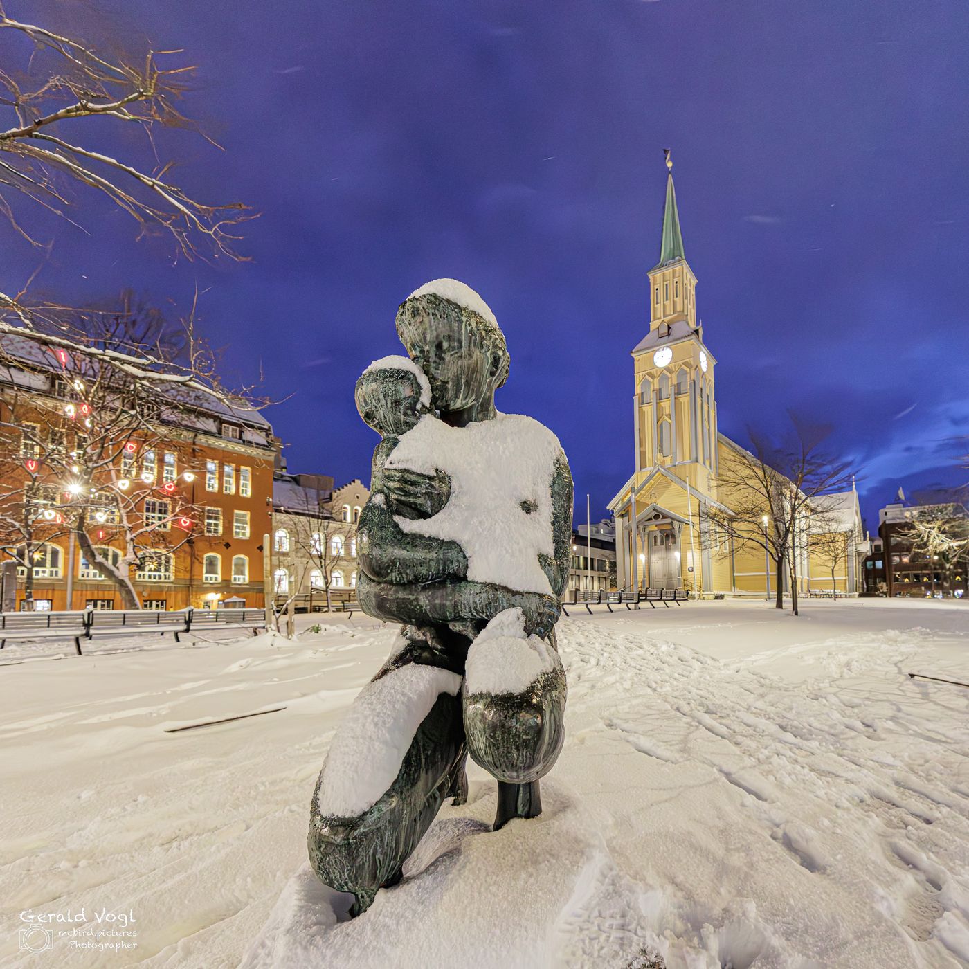 Statue in front of Domkirke Tromso, Norway