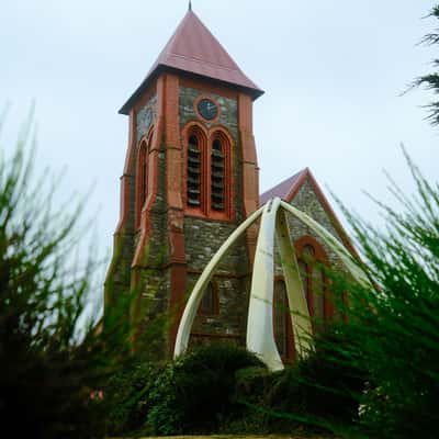Whalebone Arch with Christ Church, Stanley, Falkland Islands (Malvinas)