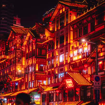 Hongya Cave Close-Up Streets (Night), China