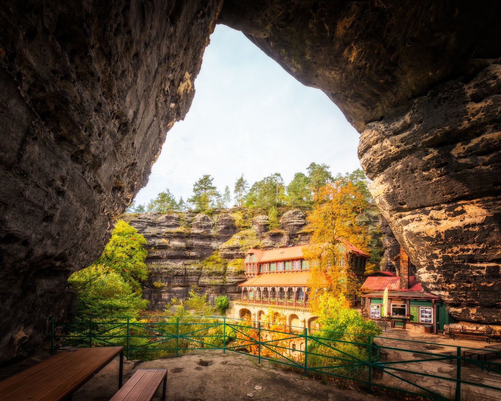 View through Pravčická Gate to the Falcon’s Nest, Czech Republic