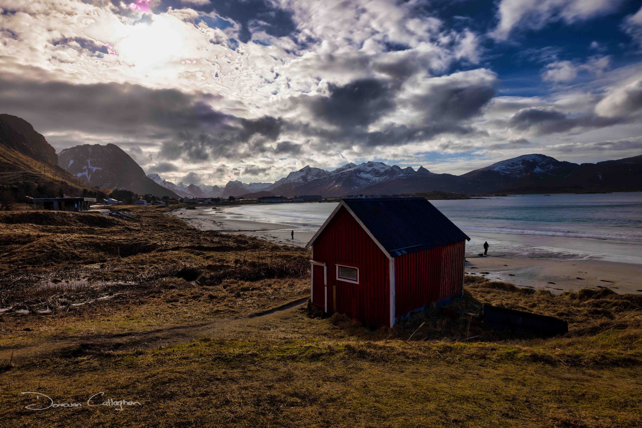 Red hut at Ramberg beach, Lofoten, Norway
