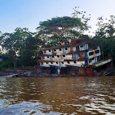 Abandoned riverboat in the Amazon river, Peru