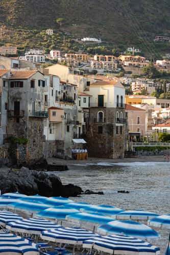 Beach old city sunrise Cefalu, Sicily
