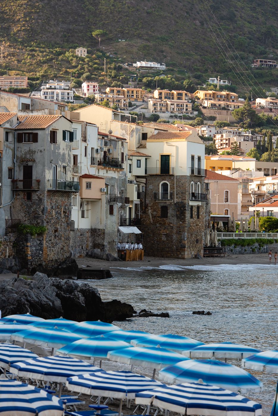 Beach old city sunrise Cefalu, Sicily, Italy