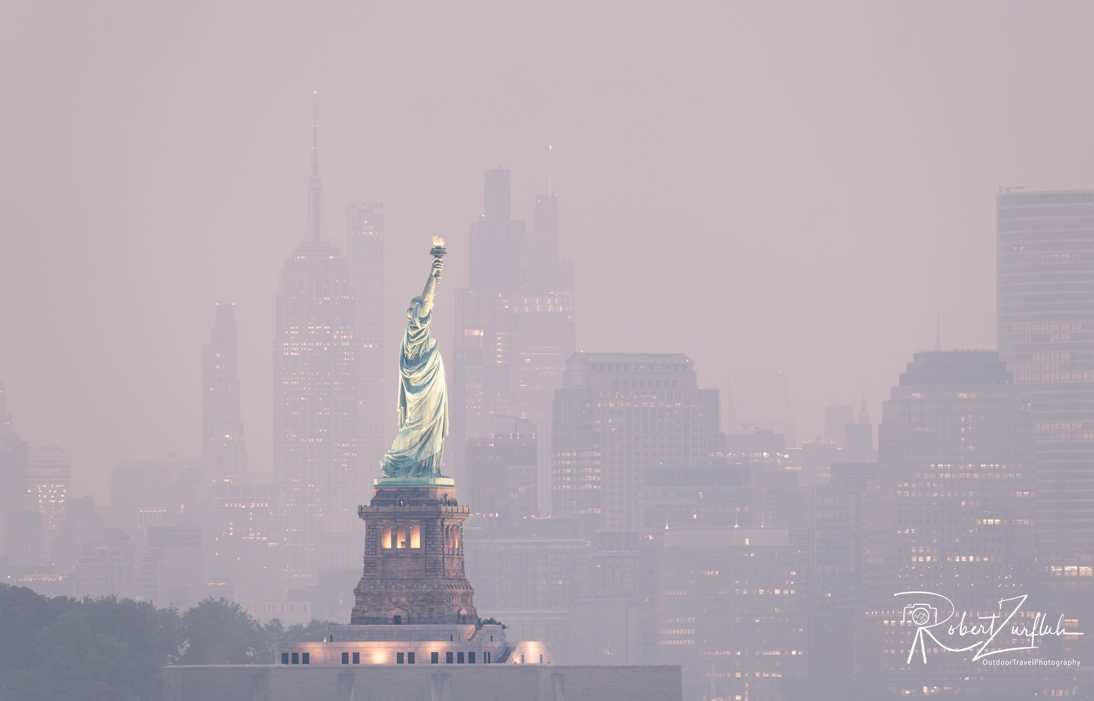 Liberty Statue with Empire State Building, USA