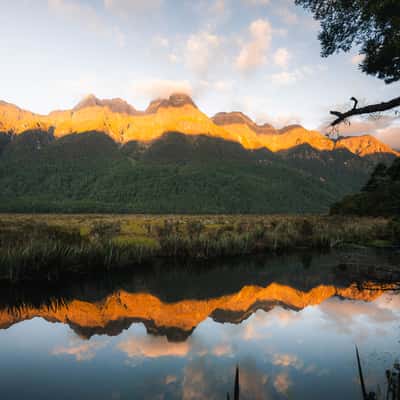 Mirror Lake walk on the road to Milford Sound, New Zealand