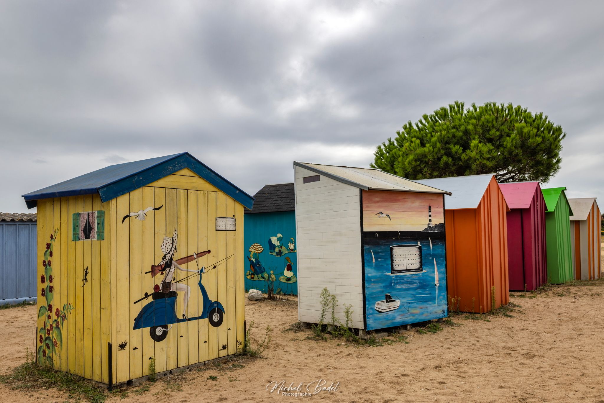 Beach huts at La Boirie Beach in Saint-Denis d'Oléron., France