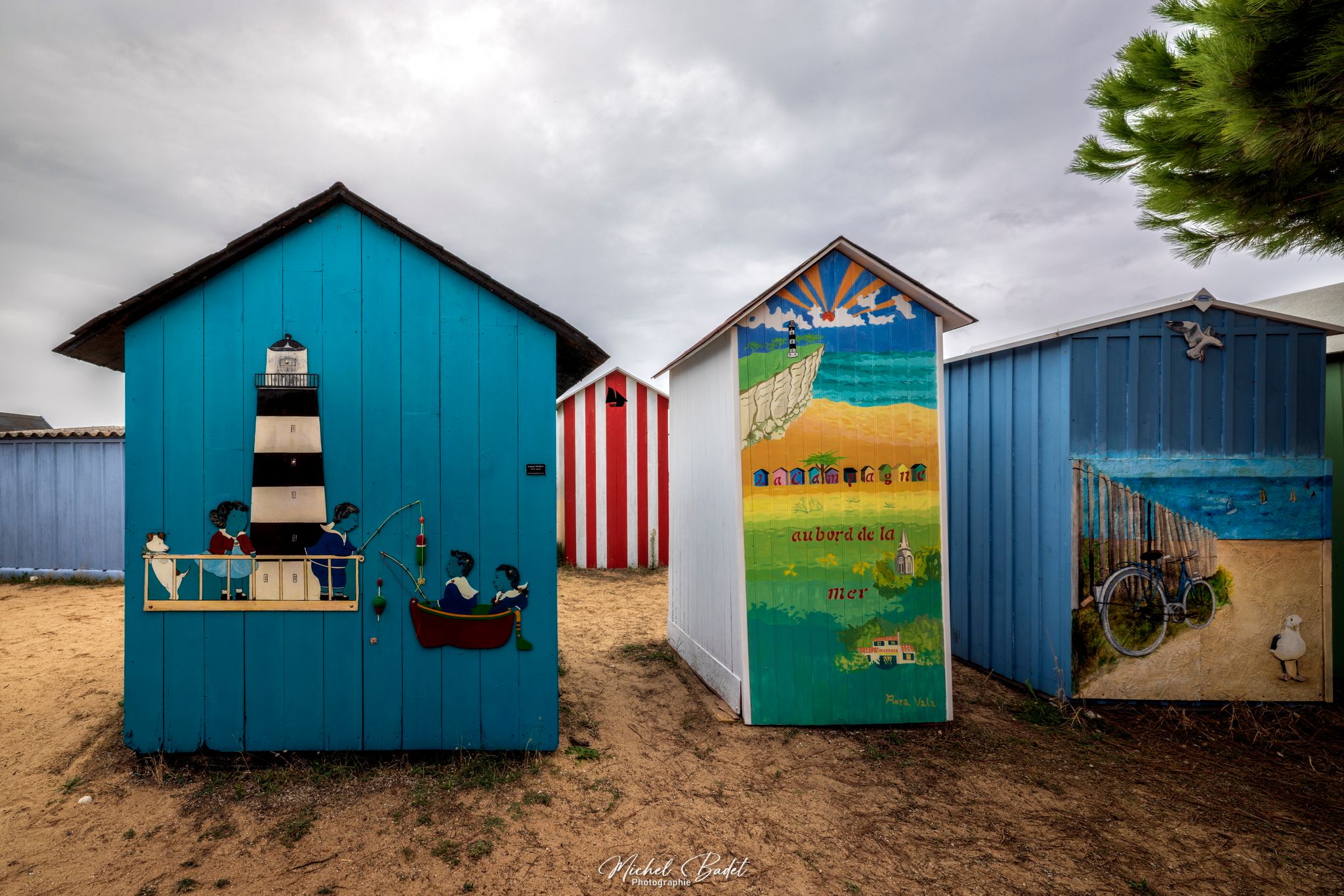 Beach huts at La Boirie Beach in Saint-Denis d'Oléron., France