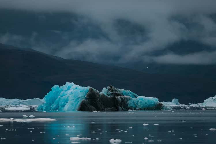 Icebergs and mountains near Rolige Bræ, Rødefjord