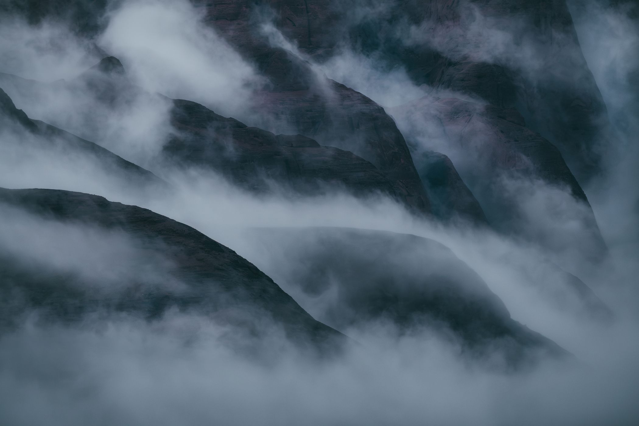 Icebergs and mountains near Rolige Bræ, Rødefjord, Greenland