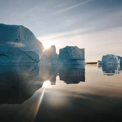 Icebergs in Charcot Havn from a zodiac, Scoresbysund, Greenland