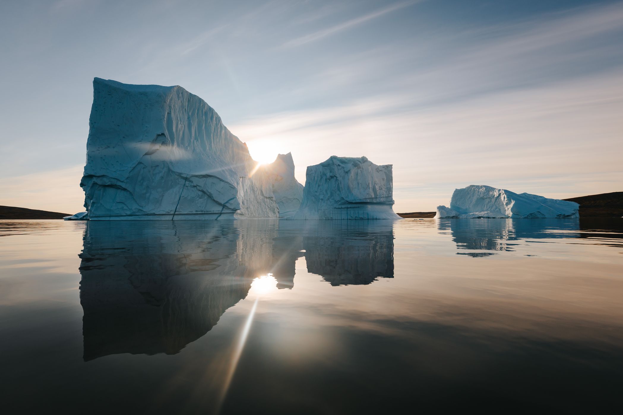 Icebergs in Charcot Havn from a zodiac, Scoresbysund, Greenland