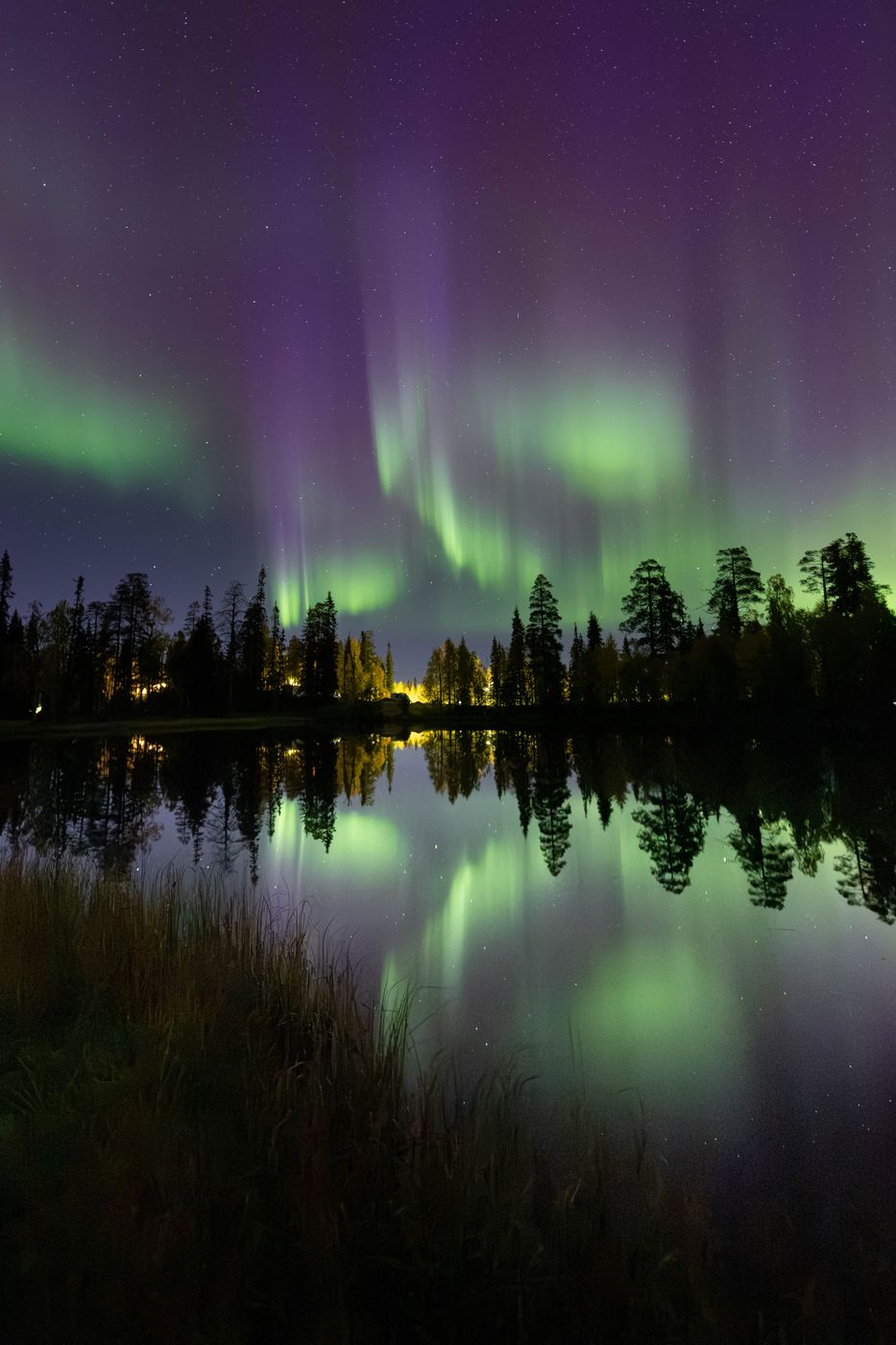 Northern lights reflection, Luosto-Pyhä National Park, Finland