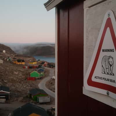 Polar bear sign, Ittoqqortoormiit, Scoresbysund, Greenland