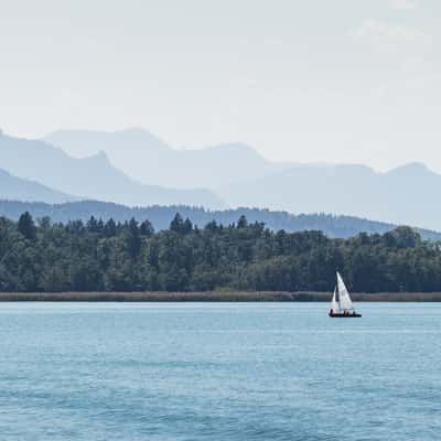 View to the Alps across Lake Chiemsee, Germany