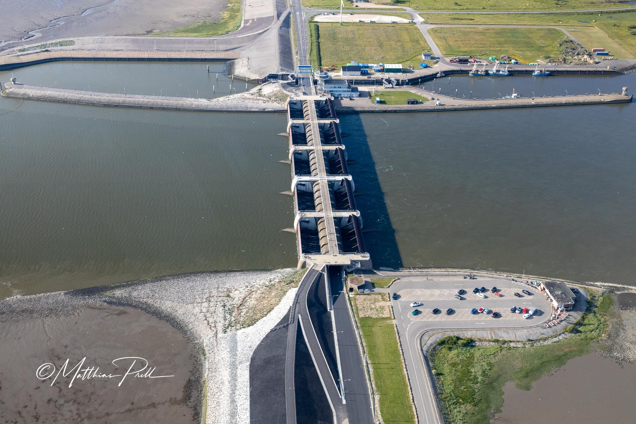 View of the Eider River Barrage from the gyrocopter, Germany