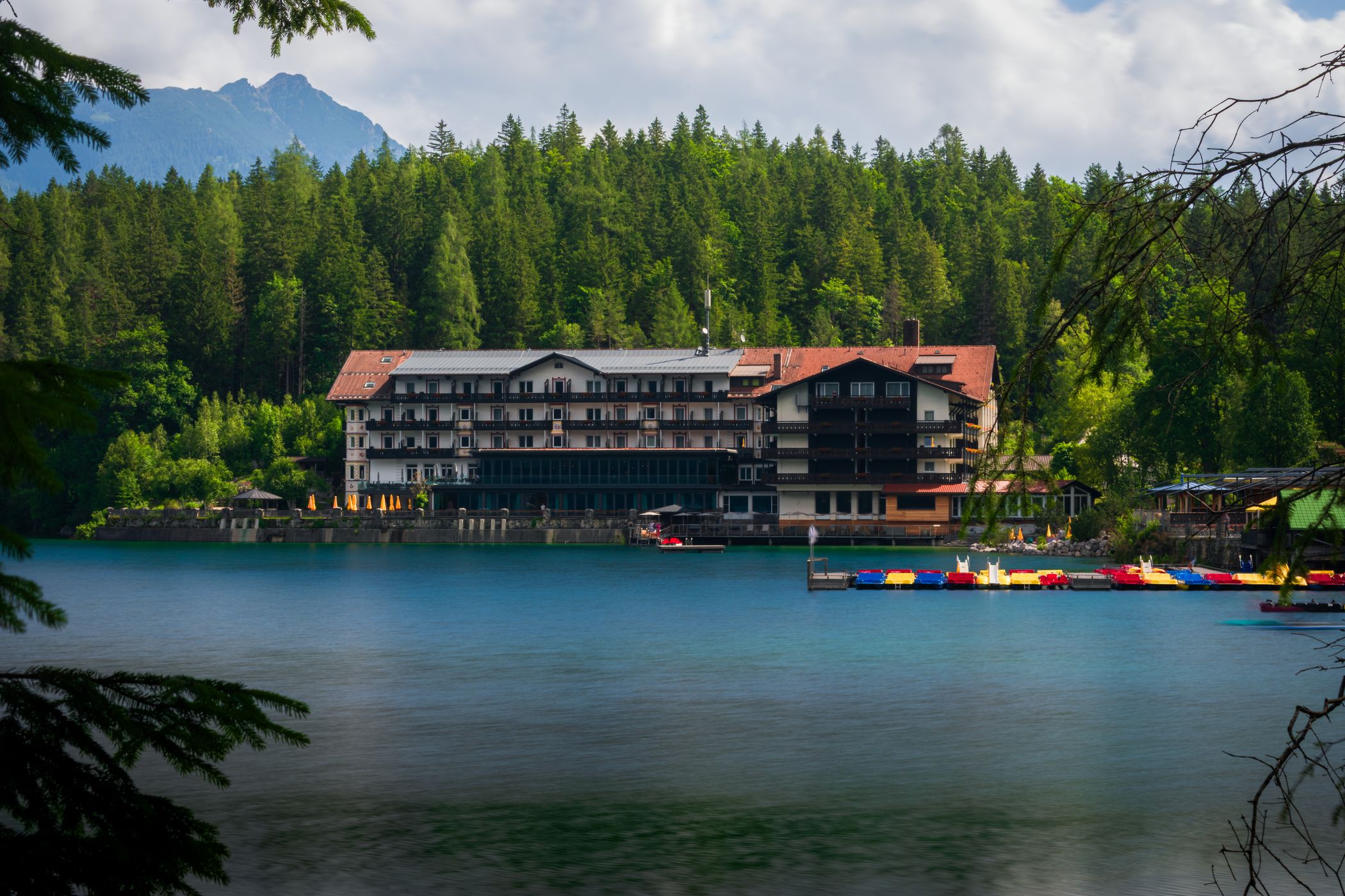 Eibsee Hotel viewed from Eibsee Rundweg, Germany