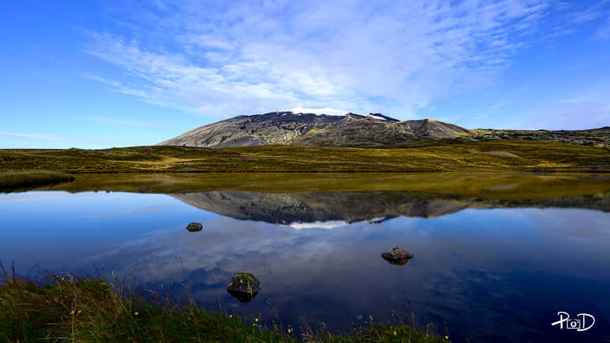 Lake near Dagverðará looking at Snaefelljokull Mountain