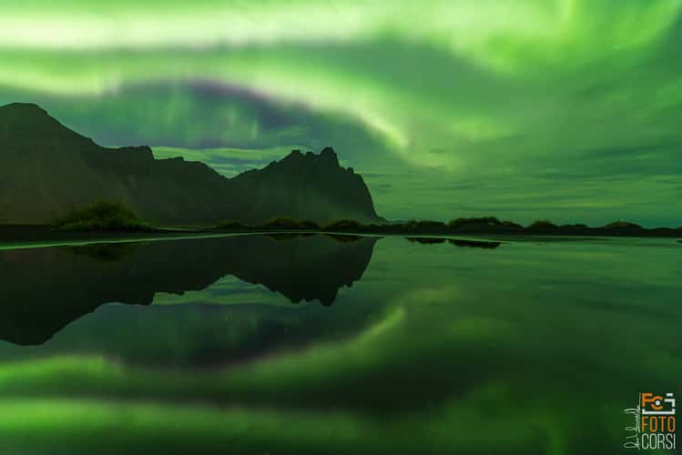Northern Lights over Vestrahorn Mountain from Stokksnes
