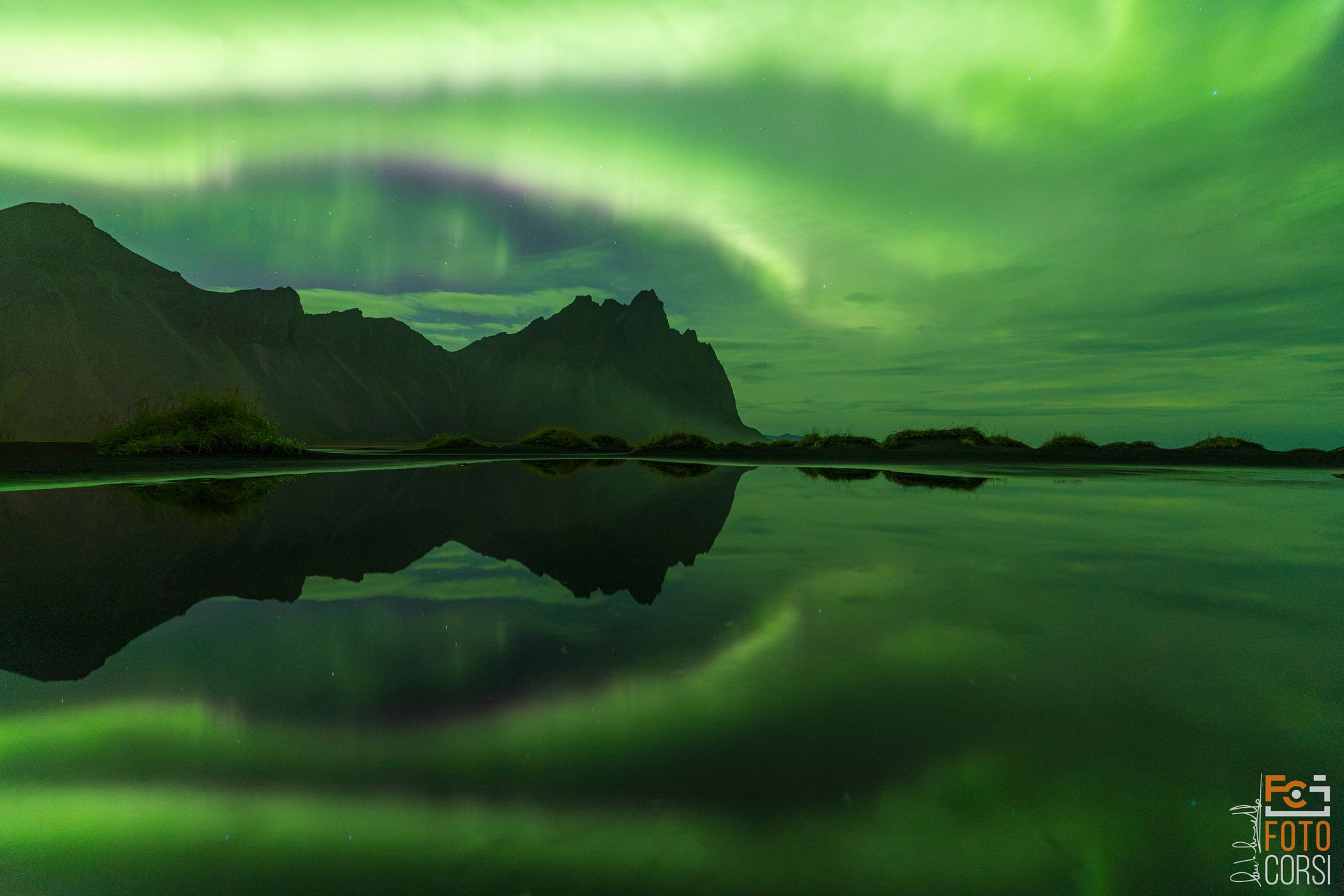 Northern Lights over Vestrahorn Mountain from Stokksnes, Iceland