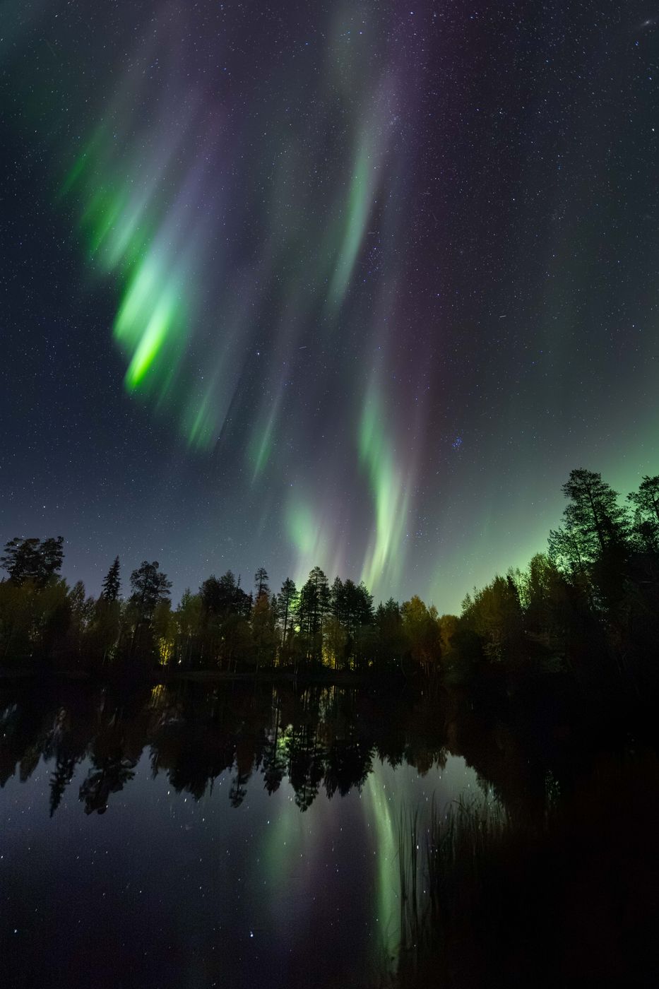 Northern lights reflection, Luosto-Pyhä National Park, Finland