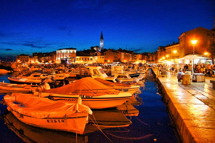 Rovinj harbour at night