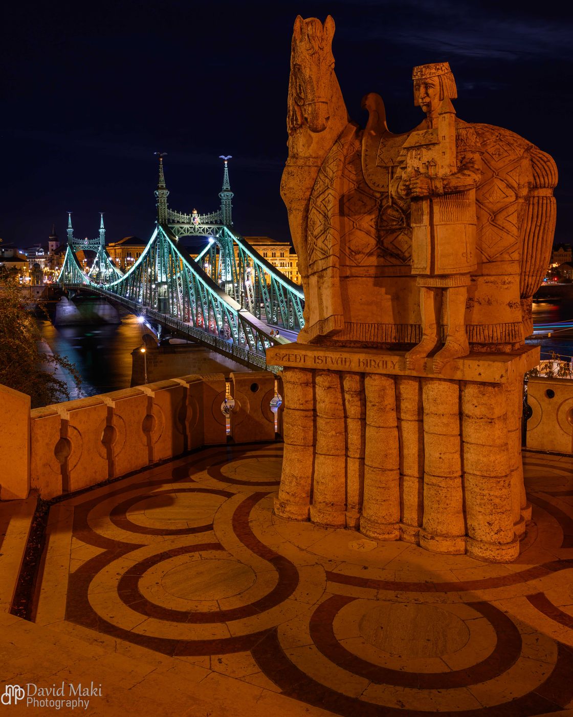 Statue of Szent István Király with Liberty Bridge, Hungary