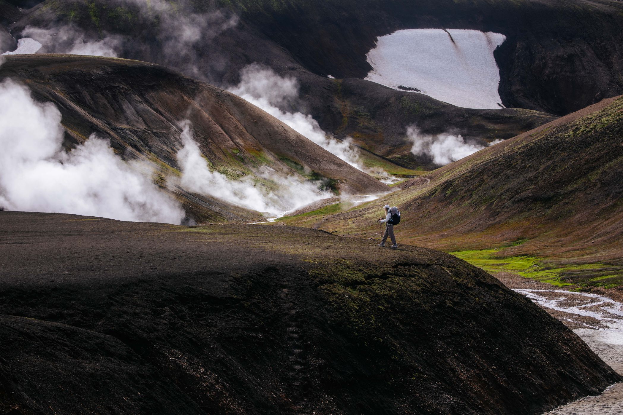 Steams & colorful rhyolite mountains at Laugavegur Trail, Iceland